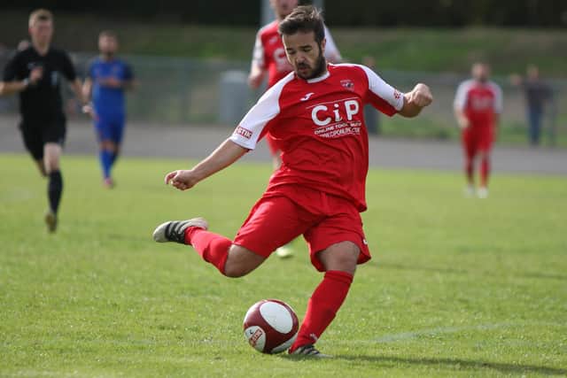 Lynton Karkach in FA Cup action for AFC against Stourport Swifts. Pic by Peter Craggs