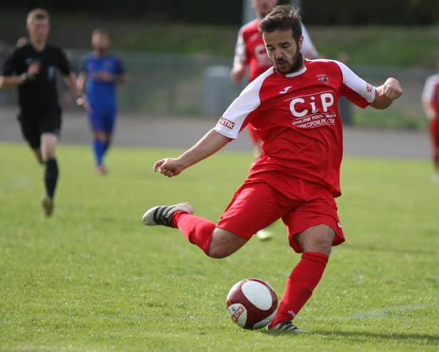 Lynton Karkach in FA Cup action for AFC against Stourport Swifts. Pic by Peter Craggs
