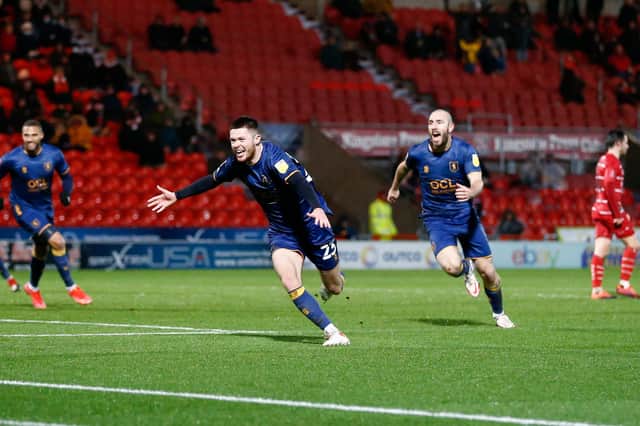 Mansfield Town defender Will Forrester celebrates his equaliser at Doncaster. Photo by Chris Holloway/The Bigger Picture.media