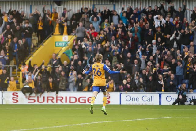 A happy moment before the horror unfolded as Will Swan makes it 2-1 to Mansfield - Photo by Chris Holloway/The Bigger Picture.media