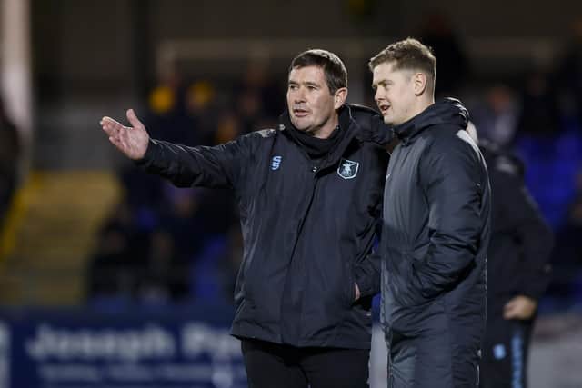 Nigel Clough debates a decision with the fourth official at Hartlepool. Photo by Chris Holloway / The Bigger Picture.media
