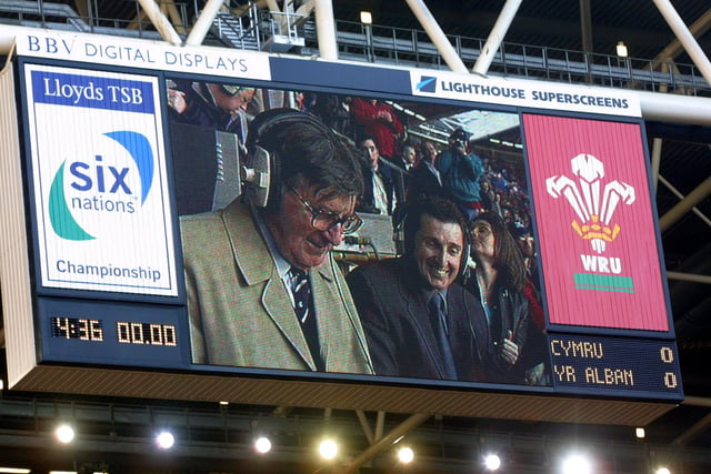 Bill McLaren's image is projected on to the big screen while commentating on the final international match of his remarkable career. The crowd sang "For He's a Jolly Good Fellow" and one Welsh supporter displayed a banner claiming "Bill McLaren is Welsh".