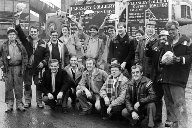 Flashback to 1981/82, only a year or so before the pit closed, as miners celebrate output results from the production year at Pleasley Colliery.