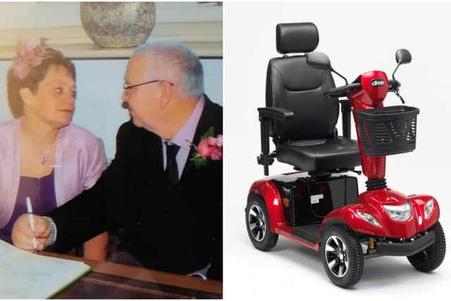 Photo of Derek and Tina on their wedding day around ten years ago and photo of similar scooter courtesy of Drive DeVilbiss.