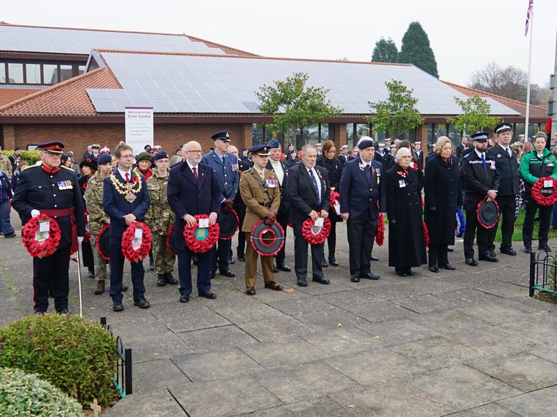 Remembrance day parade and service outside Mansfield Civic Centre.