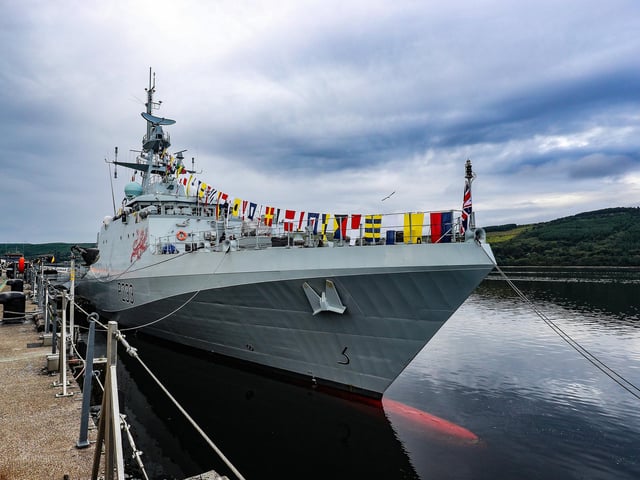 HMS Tamar dressed ship whilst alongside in Faslane in order to celebrate Armed Forces Day.