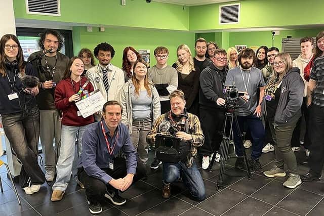 Godolphin Communicatoins' Giles Bancroft and Rob Gould (front) with students who were involved with the film