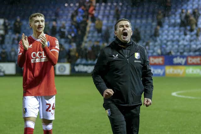 Mansfield Town manager Nigel Clough celebrates following the Sky Bet League 2 match against Stockport County FC at Edgeley Park, 01 Jan 2024.
Photo credit should read : Chris & Jeanette Holloway / The Bigger Picture.media