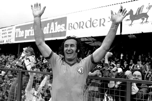 Kevin Randall celebrates promotion at Wrexham in May 1977.