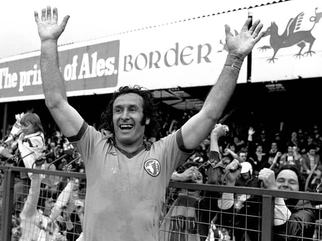 Kevin Randall celebrates promotion at Wrexham in May 1977.