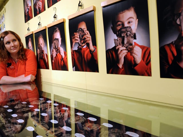 Clare Taylor, with some of the characters from her intergenerational arts exhibition 'This is Me, This is Mansfield'  at Mansfield Museum in 2018.