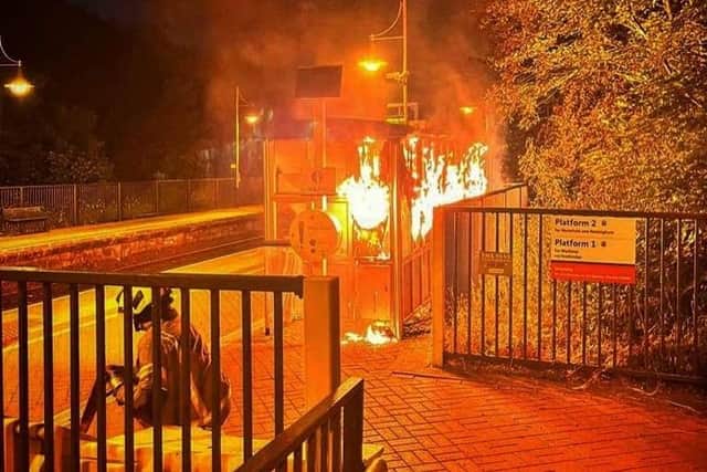 Flames envelop a waiting shelter on Langwith-Whaley Thorns train station. Picture: Derbyshire Fire & Rescue Service