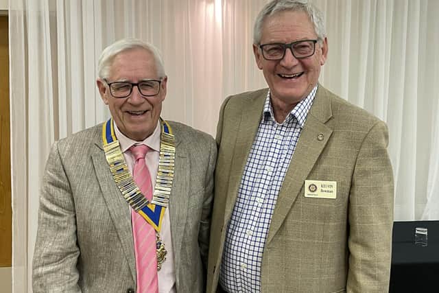 Mansfield Rotary has a new president after Rotarian Kelvin Bowman, right, handed over the chains of office to Rotarian Paul Bacon at their latest meeting at Portland College.