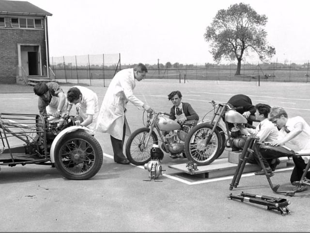 Car and motorcycle workshop class at Stanton Hill School in 1965.