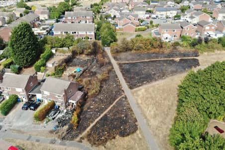 An aerial view of the aftermath of the fire in Forest Town.