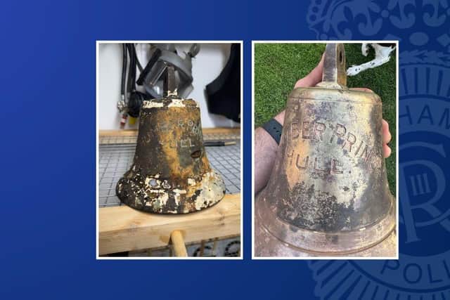 Police divers identified the rightful owners of a long-lost ship’s bell – decades after it fell –  or was dropped – into the River Trent. Photos by Nottinghamshire Police.