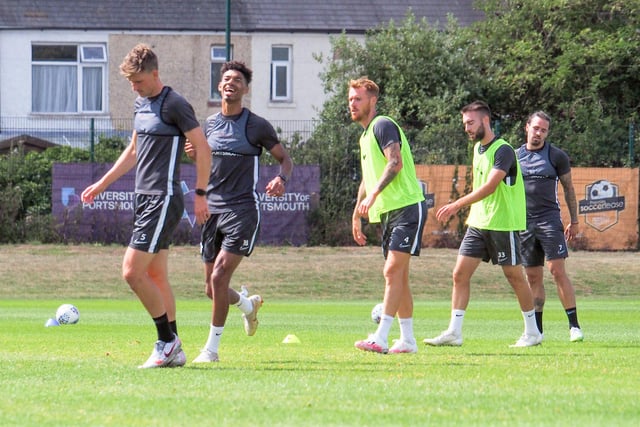 Reeco Hackett-Fairchild, having a laugh with some of his Pompey team-mates, will be hoping to be involved more this season with Pompey.  Picture: Habibur Rahman