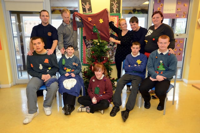 Staff and students at Portland Academy, Sunderland in their home made Christmas jumpers in 2015.