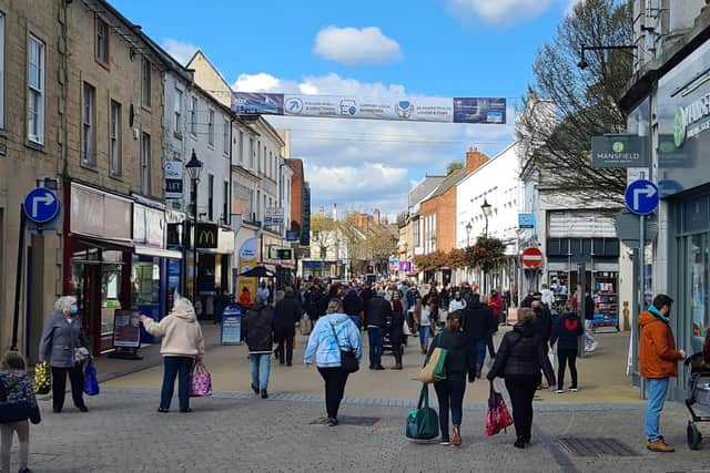 Mansfield town centre was packed with socially-distanced shoppers on Monday as more lockdown measures were eased.