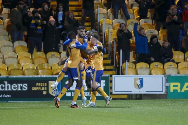 Stags celebrate Lucas Akins' late winner - Photo by Chris Holloway / The Bigger Picture.media