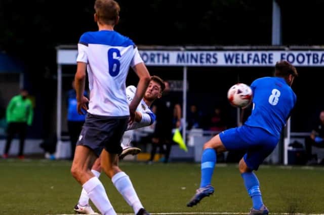 Will Norcross (slightly hidden) opens the scoring for Sherwood Colliery on Tuesday night.