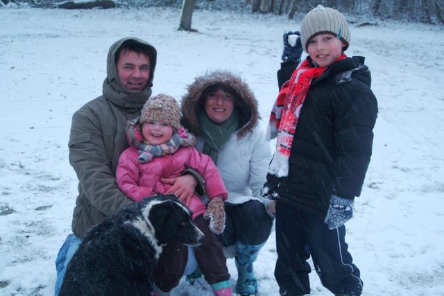 Glyn and Kirsty Marshall with children James (8), Ava (4) and Snoop the dog enjoying the snow back in 2009 in Clumber Park