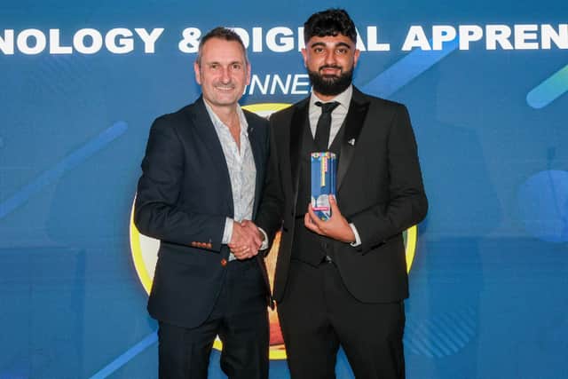 Technology and Digital Apprentice of the Year Award winner Kasim Usman of Workpays with National World Group Editor for Derbyshire and Nottinghamshire Phil Bramley
