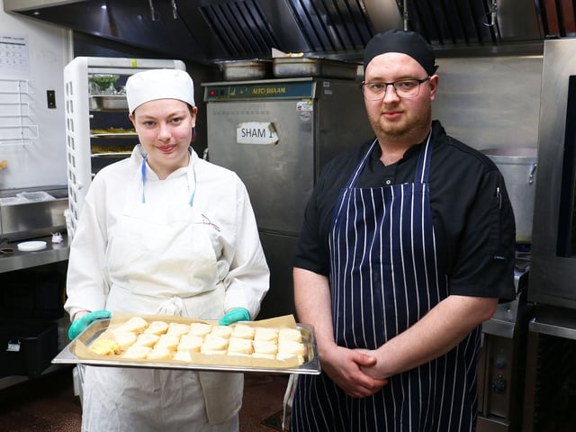 Katie White with chef de partie Jake Rankin in the kitchens