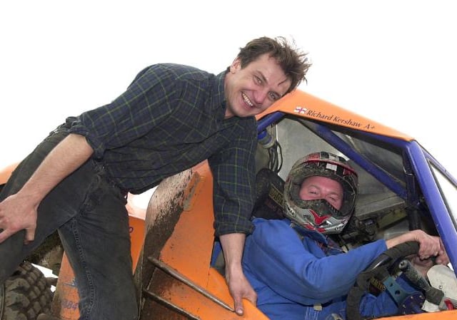 A car racing farm in Loversall owned by Matt lee, 2001. Driver Richard Kershaw.