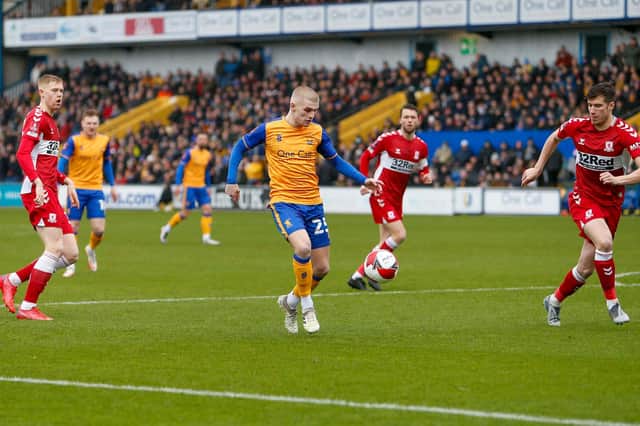 Mansfield Town midfielder Ryan Stirk lines up a shot against Middlesbrough this afternoon. Picture by Chris Holloway /The Bigger Picture.media