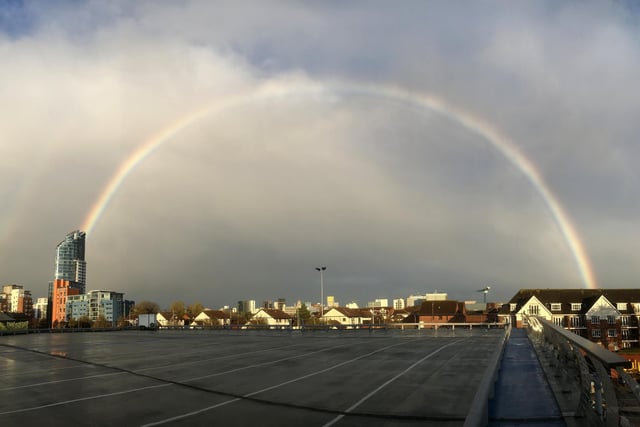 What a shot! It looks like the rainbow is coming from the Lipstick Tower at Gunwharf Quays.
