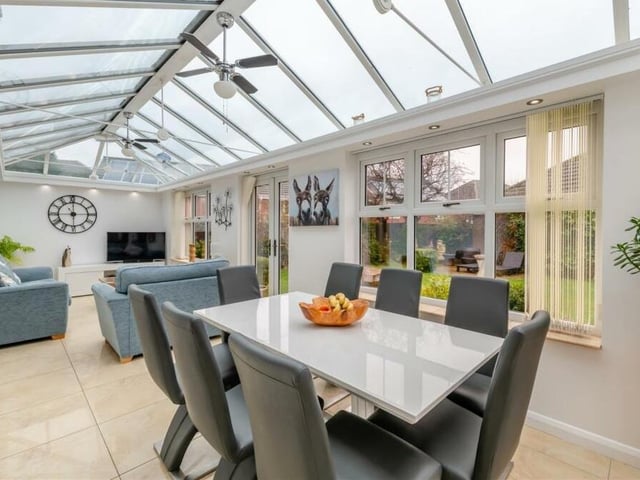 Next stop on our tour of the Clipstone property is this magnificent conservatory, which measures more than eight metres in length. It includes space for a pleasant dining area.