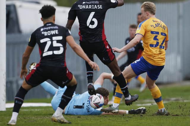 Mansfield Town's George Lapslie puts Stags ahead against Scunthorpe.