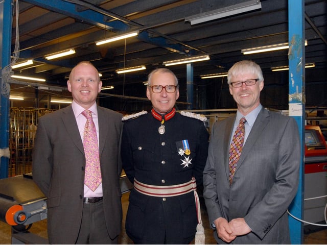 Sir Andrew Buchanan gets a tour around the factory floor at Romo Ltd Kirkby as they were awarded the Queens award in 2008 for International Industry. Pictured on the left is Gary Bates Operations Director far right Jonathan Mould CEO