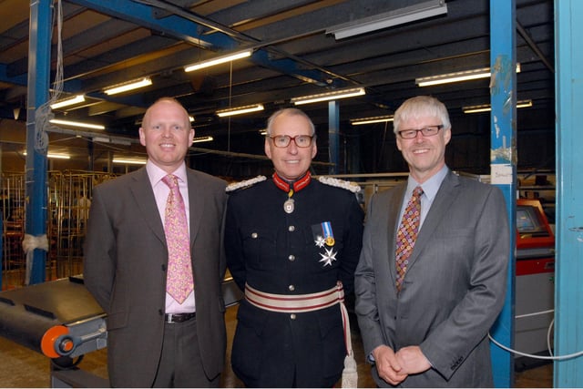 Sir Andrew Buchanan gets a tour around the factory floor at Romo Ltd Kirkby as they were awarded the Queens award in 2008 for International Industry.
Pictured on the left is Gary Bates Operations Director far right Jonathan Mould CEO