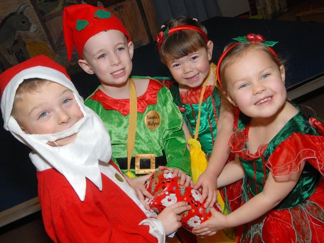 Priestsic School's nativity. Santa and some of his elves are Bobby Joe Haynes, Harrison Praass, Katie Waring and Mischa Billings.