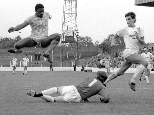 Neville Chamberlain avoids the keeper during Stags v Wrexham in 1985.