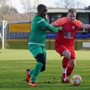 Two goal Man of the Match Craig Westcarr (Green) in action for Sherwood Colliery. Image: Mark Woolterton.