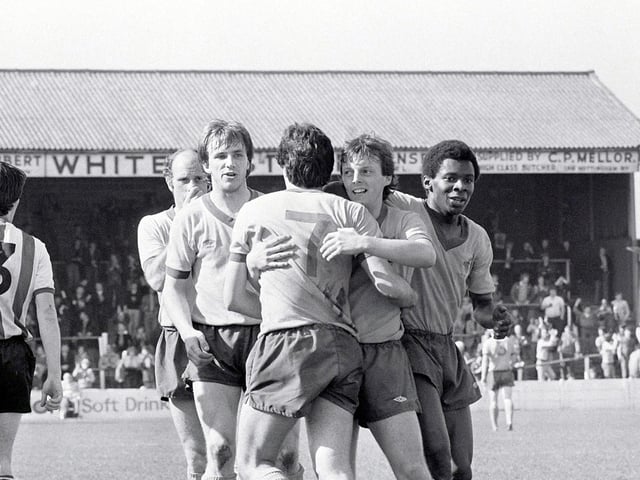 Mansfield celebrate scoring against Rochdale.