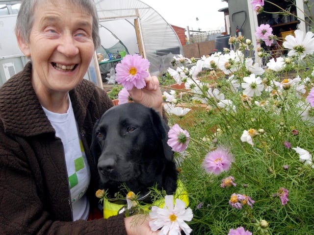 Joan Parker, member of Meristems Allotment group, at the sensory garden on Skegby Allotments, with her guide dog Poet.