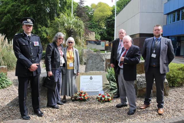 The family of PC Christopher McDonald along with Assistant Chief Constable Steven Cooper and representatives from the Nottinghamshire Police Federation.
