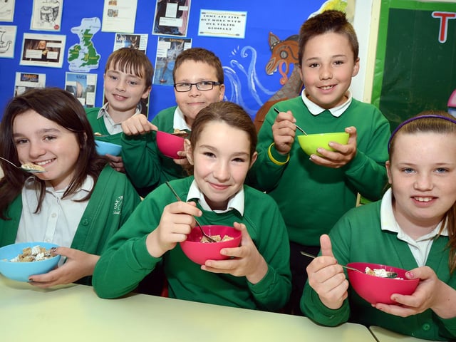 Oak Tree Lane Primary School pupils, Charlie Brewin, Melissa Dumble, Chantelle Munt, Matthew Singlehurst, Kirk Bennett and Rees Clarke get stuck into a brain boosting breakfast before completing their maths SATS tests.