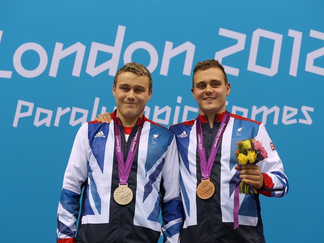Silver medallist Oliver Hynd and brother Sam, bronze medallist, pose on the podium during the medal ceremony for the Men's 400m Freestyle of the London 2012 Paralympic Games. It was yet another milestone for the brothers who won multiple gold medals between them during two memorable careers.