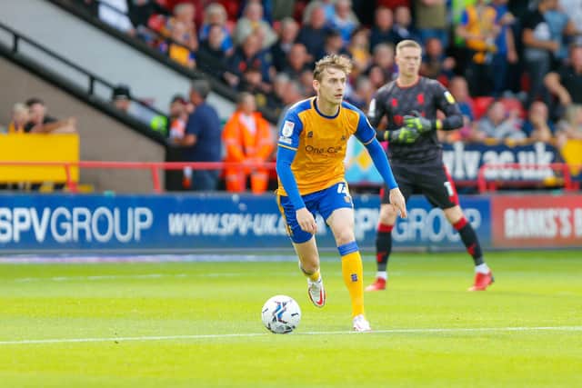 Mansfield Town defender Elliott Hewitt on the ball at Walsall's Banks's Stadium today. He was substituted at half-time with the Stags already 2-0 down, on the way to a 3-1 defeat.