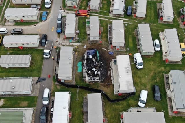 Natasha Broadley's burnt caravan at Sealands Caravan Park, Ingoldmells, Lincolnshire