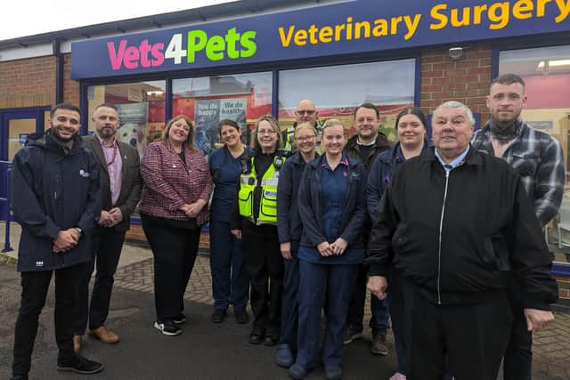Kirkby councillors Jason Zadrozny, Warren Nuttall and Dale Grounds, Police and Crime Commissioner Caroline Henry with members of Ashfield’s Community Protection team and staff from Vets for Pets, Kirkby.