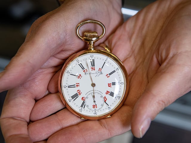 A very rare Patek Philippe Gondolo pocket watch with a ticket price of £10, 500 at the Harrogate Antiques Fair 2023, photographed for the Yorkshire Post by Tony Johnson. The engraved piece was made for the South American market.