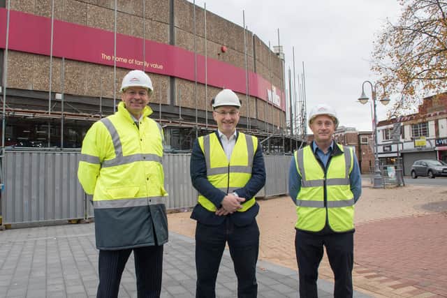 Andrew Cropley MBE, Principal and Chief Executive at West Nottinghamshire College, Cllr Matthew Relf, and Darren Atkins outside the former WIlkos in Sutton