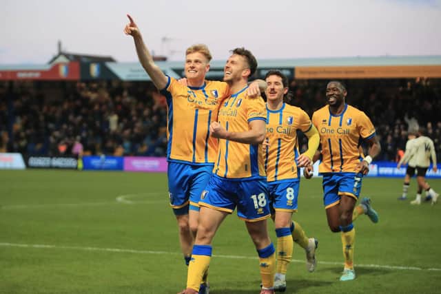 Mansfield Town forward Will Evans (11) celebrates his second half goal with Rhys Oates (18), during the Sky Bet League 1 match against Port Vale FC at the One Call Stadium, 17 Jan 2026, Photo credit Chris & Jeanette Holloway / The Bigger Picture.media