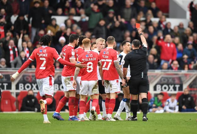 Nottingham Forest have had three men sent-off and Derby County have had a league high seven reds.